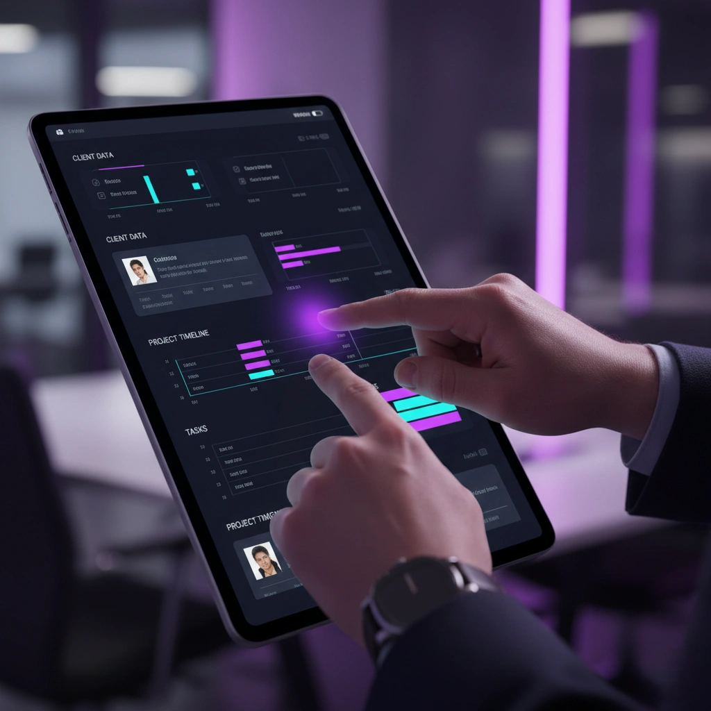 Profissional a gerir dados de clientes e tarefas no dashboard de um sistema CRM para otimizar vendas - EwardSolution. Implementação CRM no Algarve