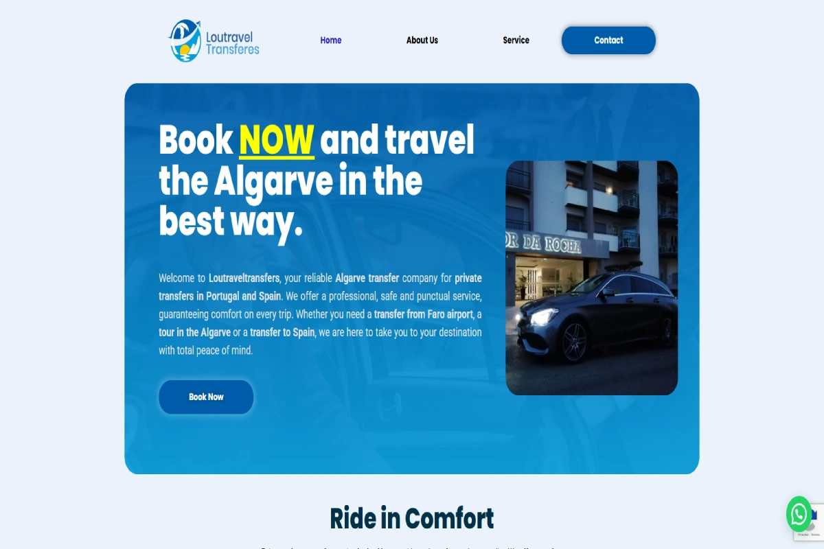 Homepage institucional com destaque "Book Now" para serviços de transfer privado entre Portugal e Espanha.
